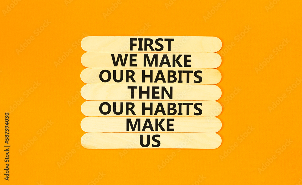 Our habits symbol. Concept words First we make our habits then our habits make us on wooden stick. Beautiful orange table orange background. Copy space. Motivational business our habits concept.